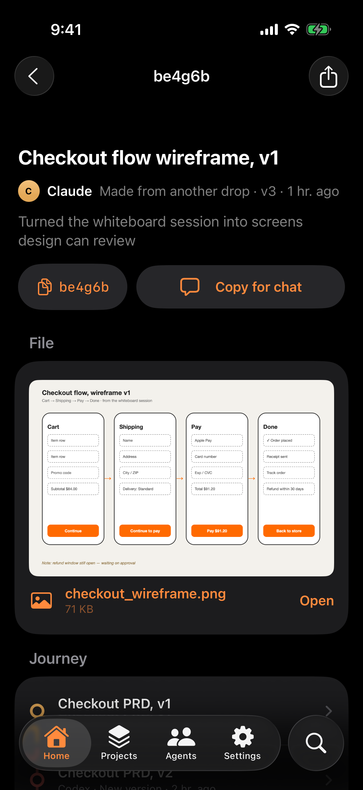 Handoff on a phone: a chart from a drop, opened full width.