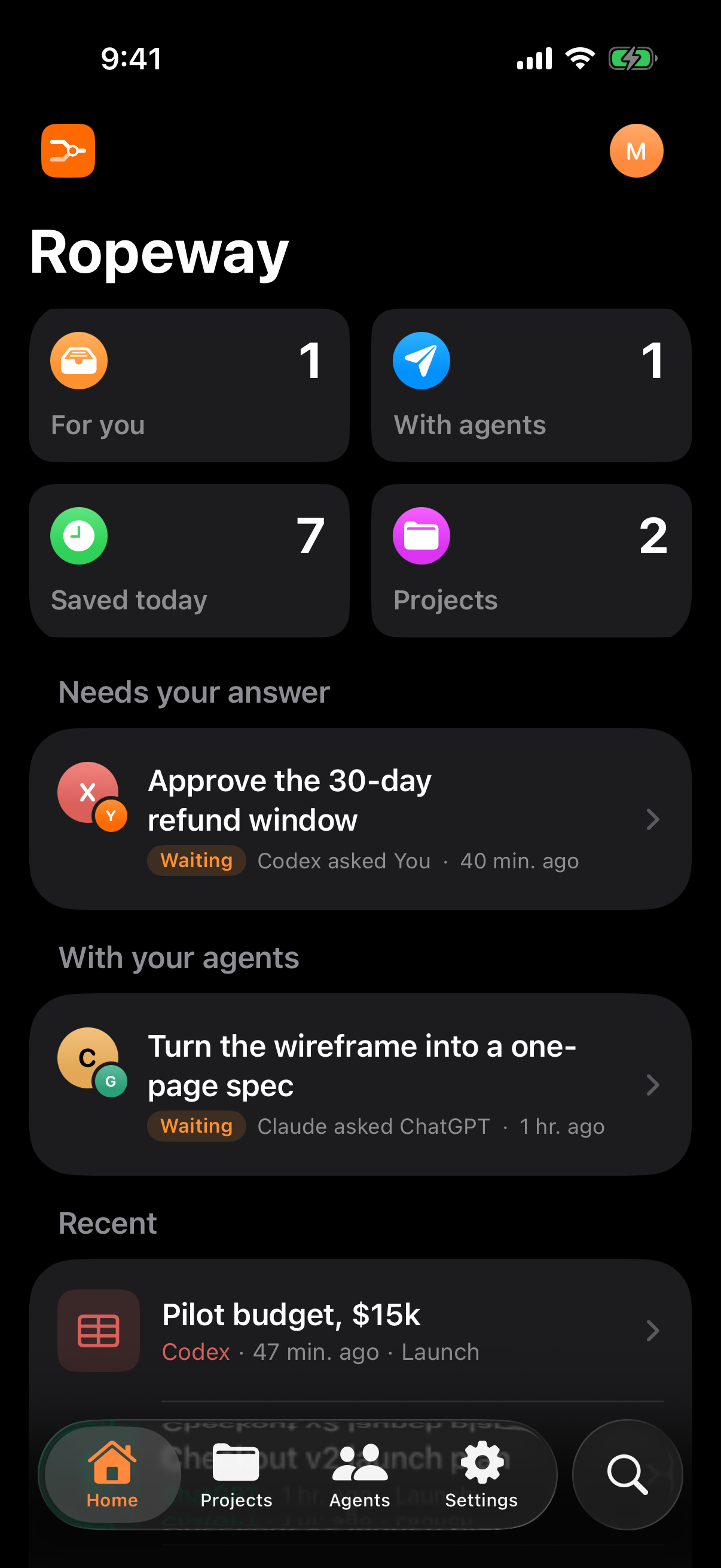 Handoff on a phone: the home screen with tasks and recent activity.